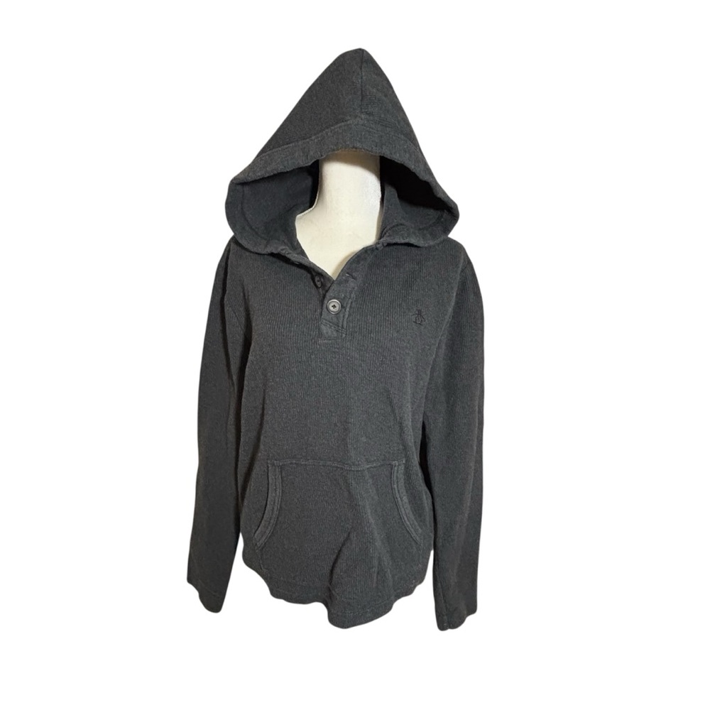 Men’s Penguin Logo Gray Ribbed Cotton Hoodie Henley Longsleeve Shirt Size Medium